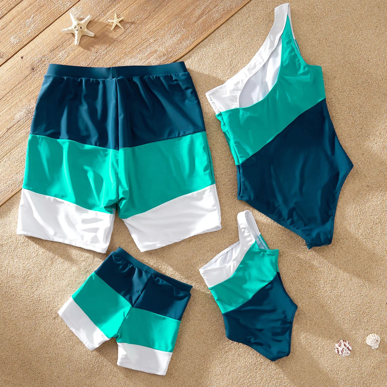 Close-up of vibrant color block swimwear fabric, polyester spandex blend, for family matching outfits