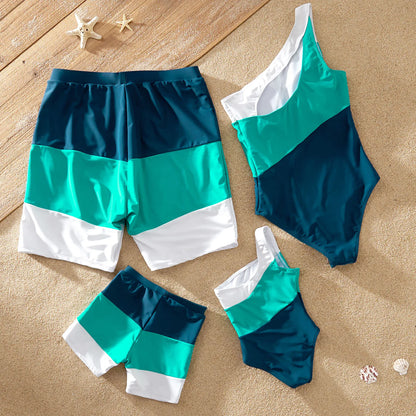 Close-up of vibrant color block swimwear fabric, polyester spandex blend, for family matching outfits