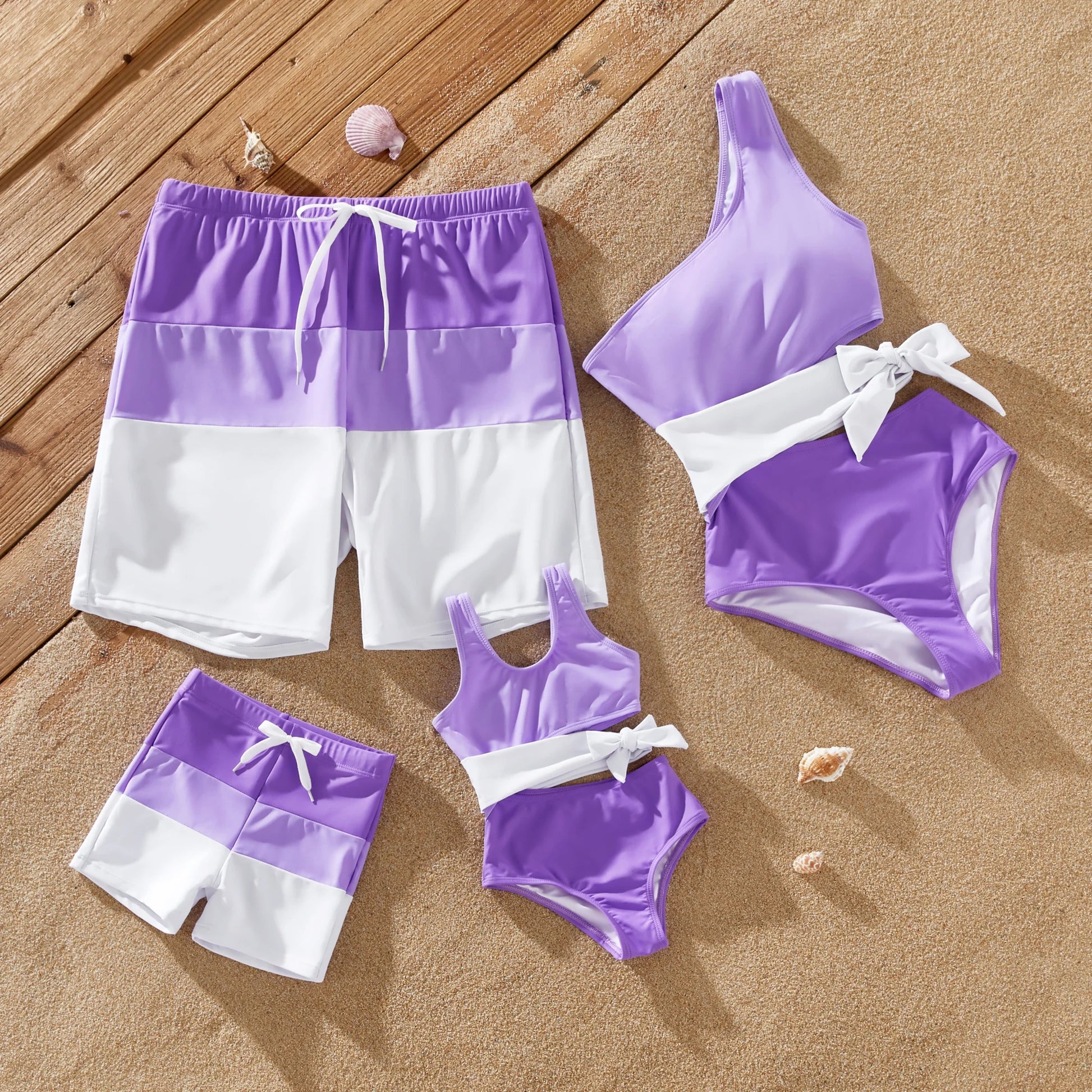 Family matching color-block swimwear set for beach vacation, high elasticity
