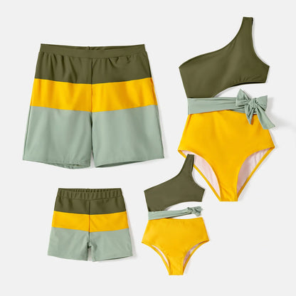Family matching colorblock one-shoulder swimsuit & swim trunks set for beach vacation