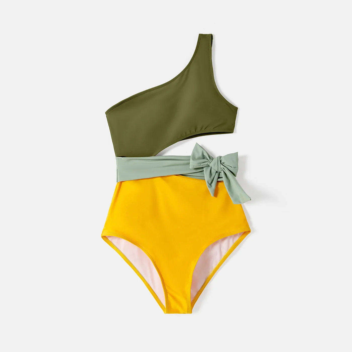 Family pool party attire: matching colorblock one-shoulder swimwear and men's swim shorts