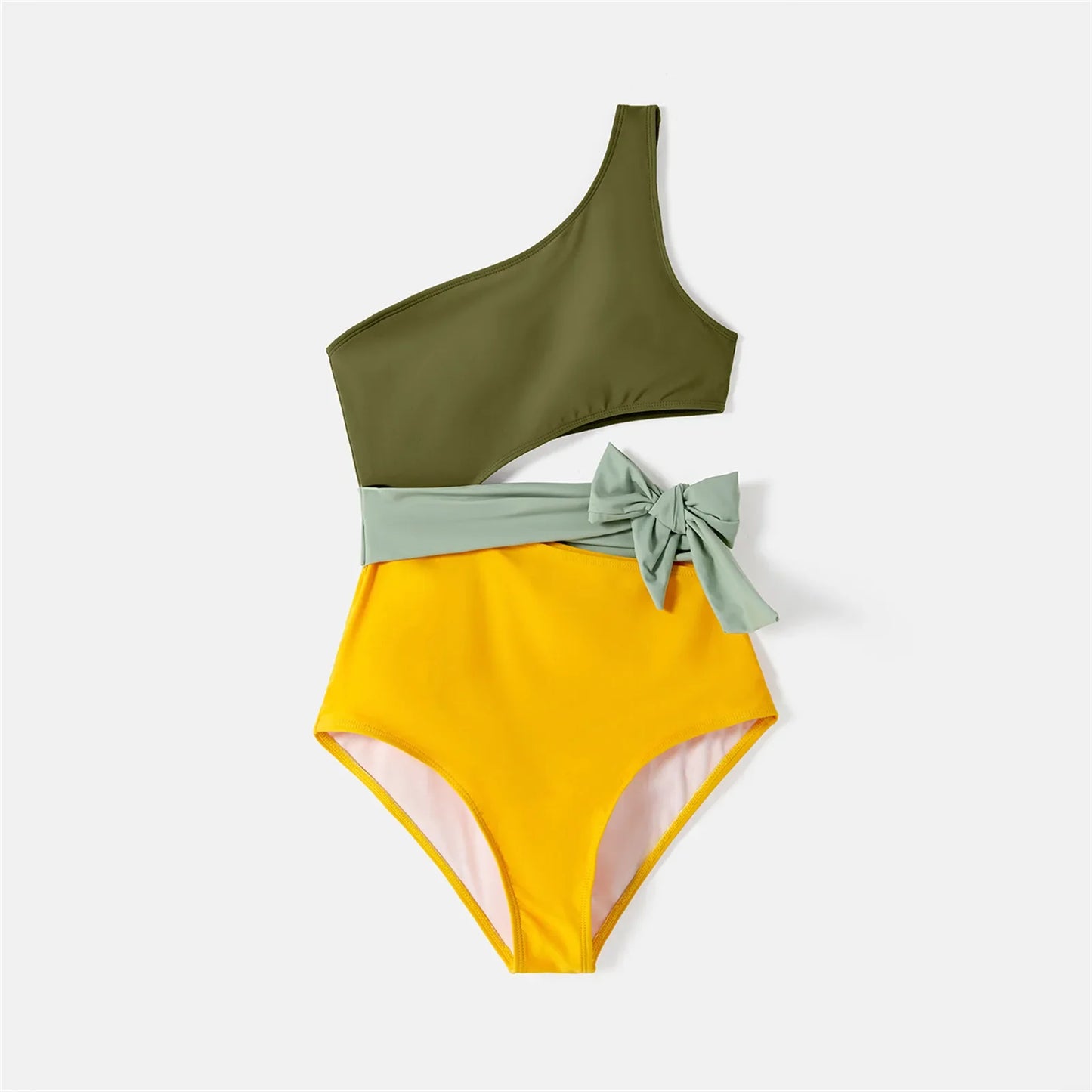 Family matching swimwear with geometric colorblock design, one-shoulder swimsuit & trunks