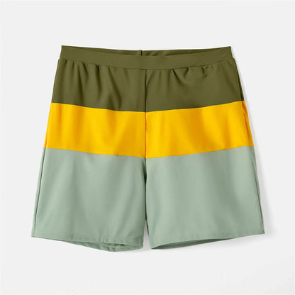 Vibrant colorblock family matching swimsuits, one-shoulder design for women/girls, trunks for men/boys