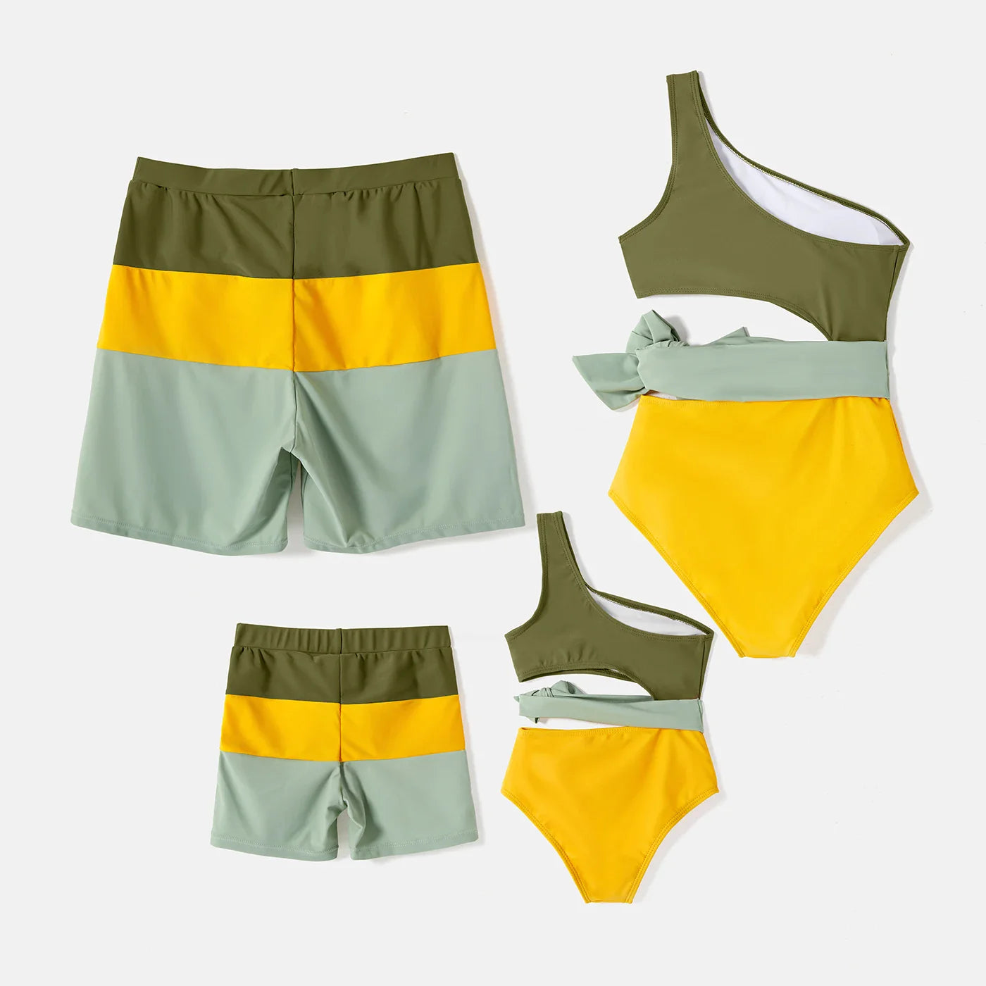 Playful colorblock family matching swimwear, includes one-shoulder swimsuit and kids swim trunks