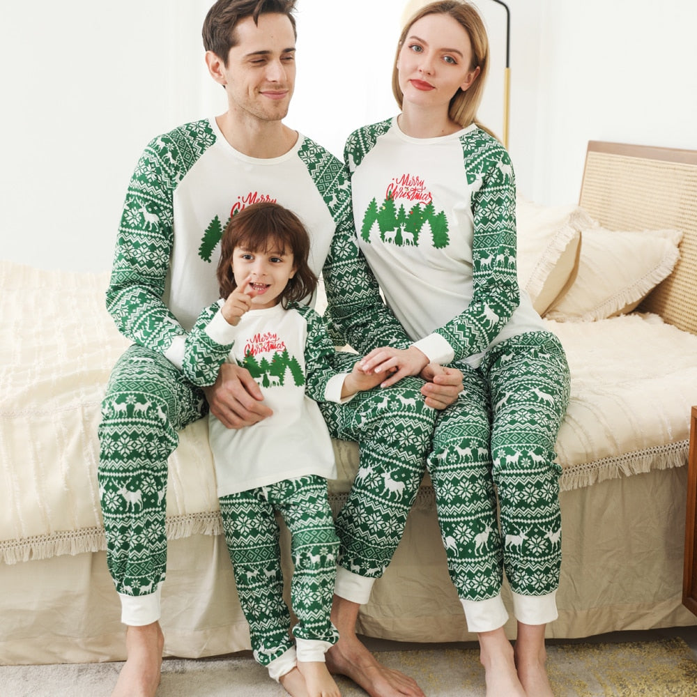 Family matching cotton blend holiday pajamas set for parents and kids, comfortable loungewear