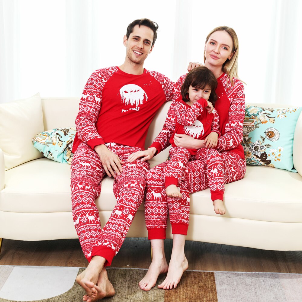 Red plaid family pajama set for parents and kids, comfortable cotton blend loungewear for holidays