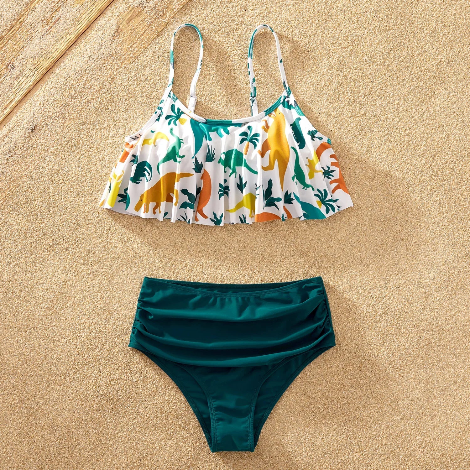 Mom and daughter matching blue dinosaur print swimsuits, women's one-piece, girls' bikini.