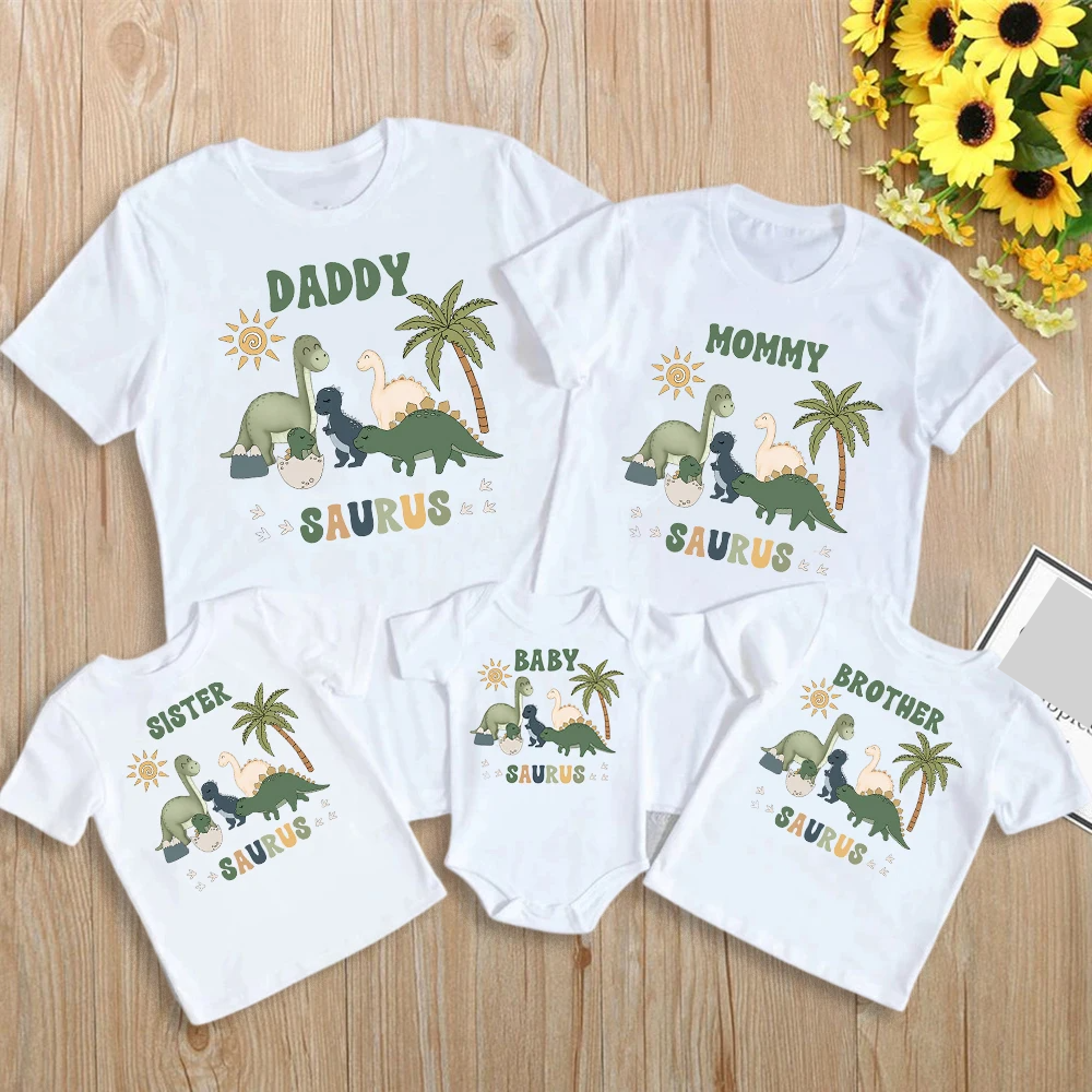Family matching dinosaur print t-shirts & rompers for parents, kids, and babies, casual summer outfits