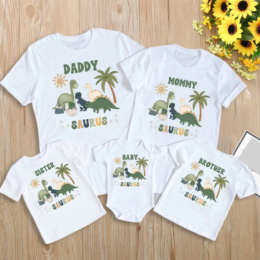 Family matching dinosaur print t-shirts & rompers for parents, kids, and babies, casual summer outfits