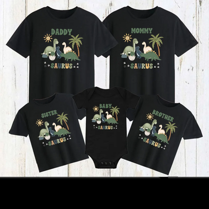 Adorable baby in a dinosaur print romper, part of a unisex family matching outfit collection