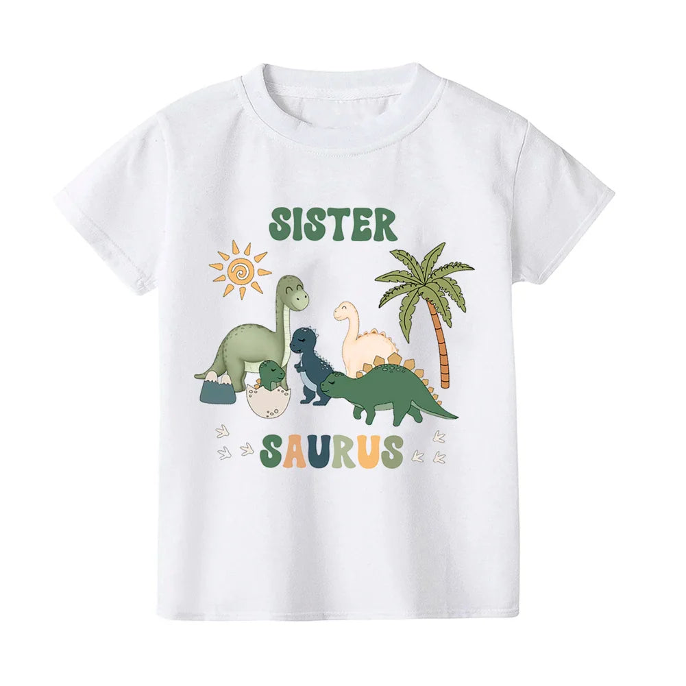 Close-up of a vibrant dinosaur print on unisex family matching t-shirt or baby romper apparel