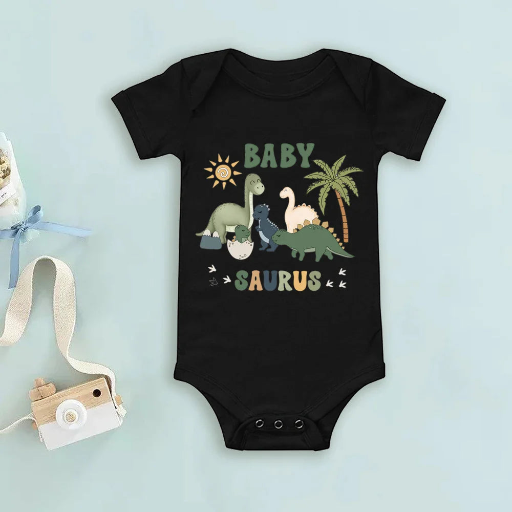 Complete family matching dinosaur outfit set including adult t-shirt, kid's shirt and baby romper