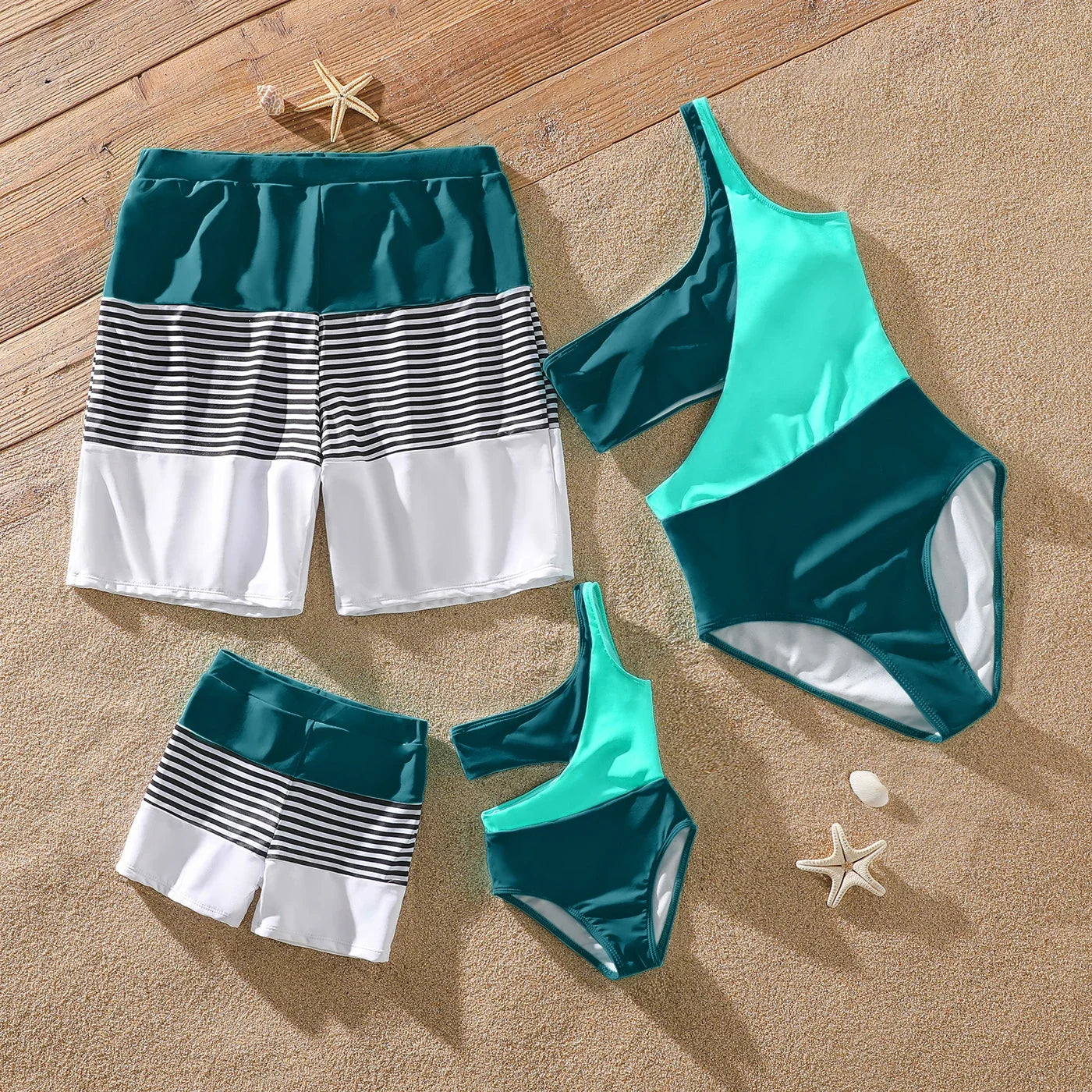 Family matching green one-shoulder swimsuits and striped trunks for summer beachwear