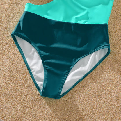 Green one-shoulder swimsuit with a sweet bow detail, family beach vacation wear