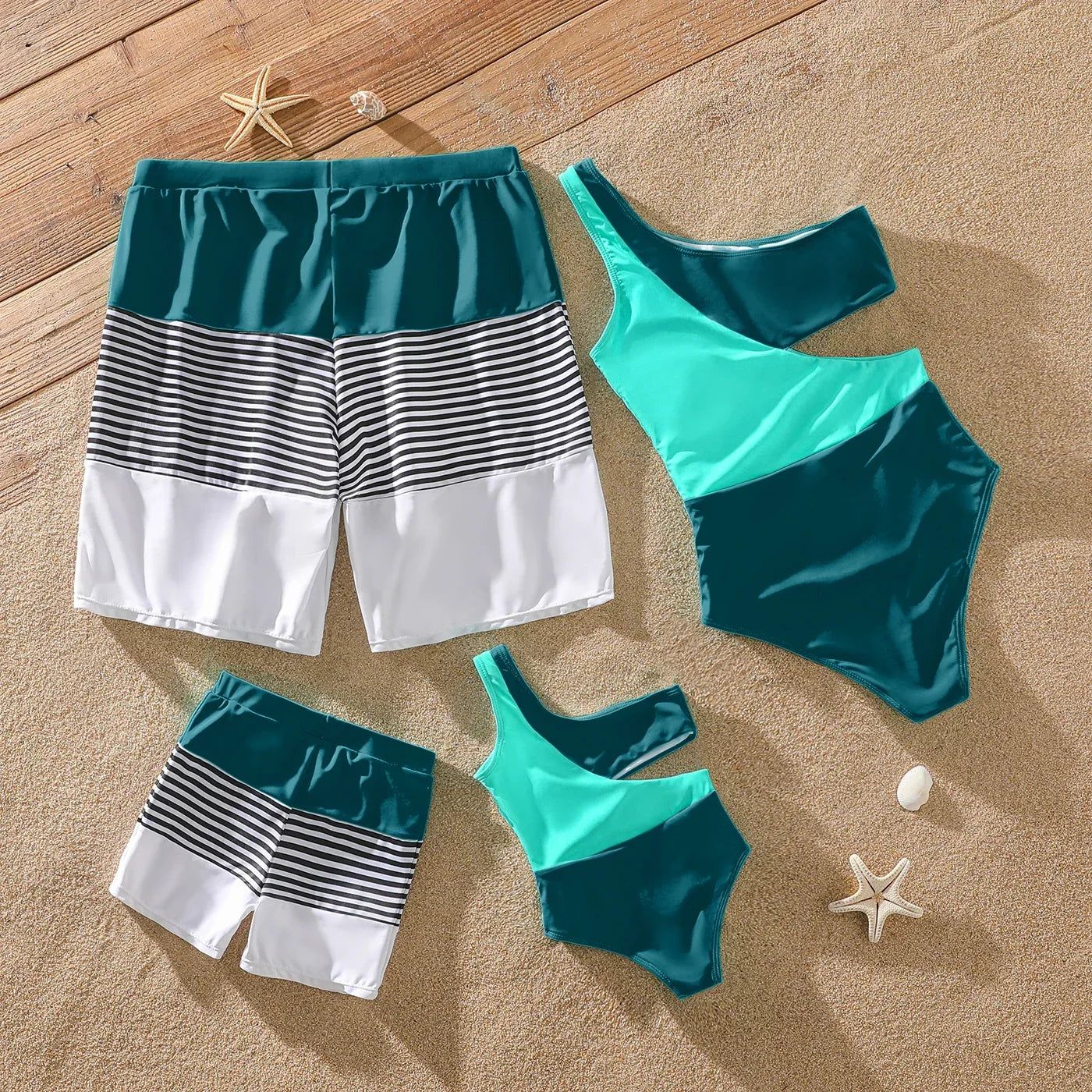 Mom and daughter in green one-shoulder swimsuits, dad and son in striped trunks, family swimwear