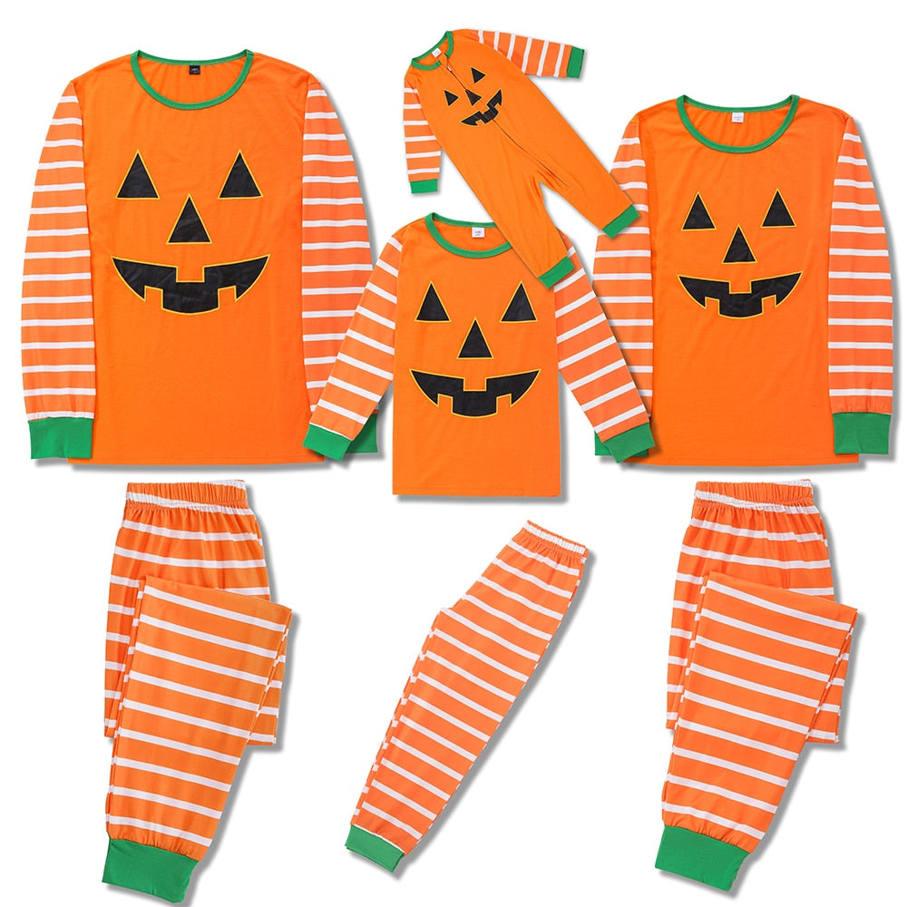 Family matching halloween pajamas, striped cartoon ghost print, long-sleeve cotton blend sleepwear set