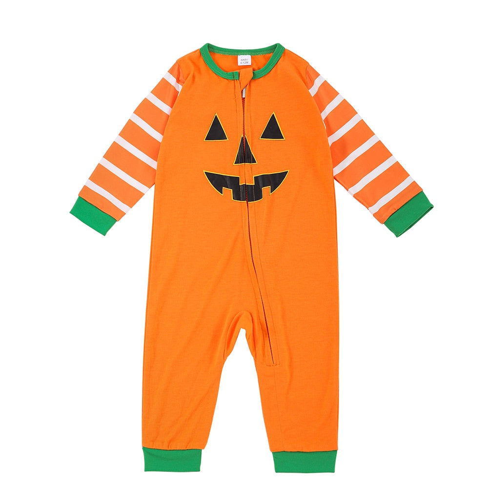 Matching halloween pajamas for family, cute cartoon cat on striped long-sleeve top, comfortable cotton blend