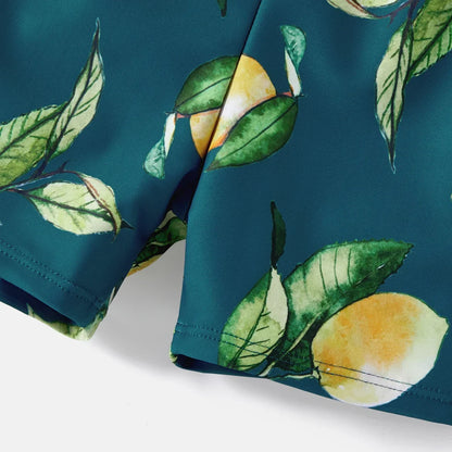 Family matching lemon print swimwear, all ages, polyester spandex material.