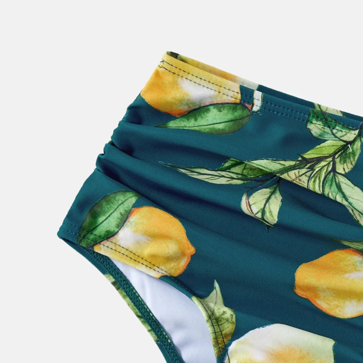 Men's lemon print board shorts, quick-dry polyester for swimming.