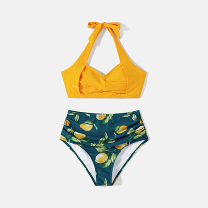 Girls' lemon print two-piece swimsuit set, cute and trendy kids swim.