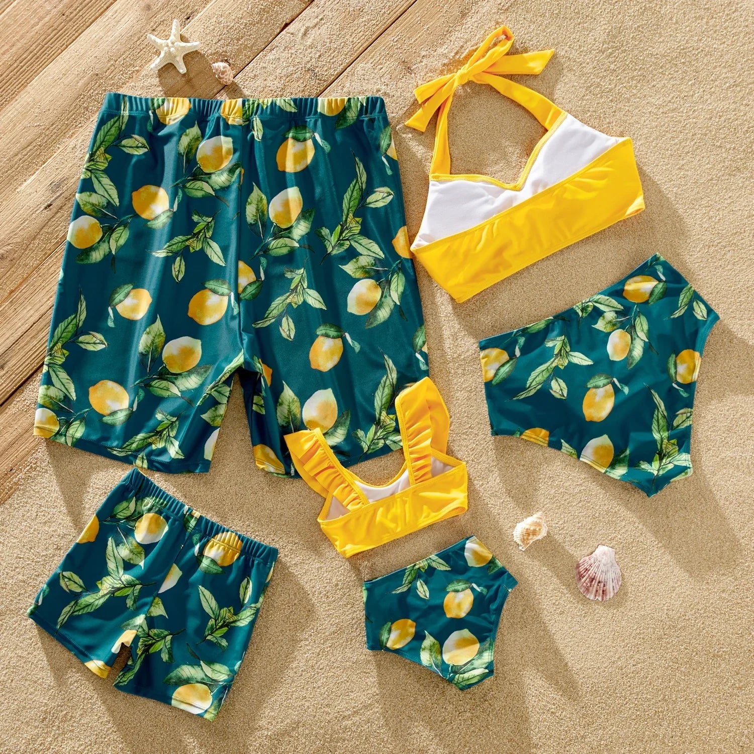 Lemon pattern family swimwear set, perfect for summer pool days and resorts.