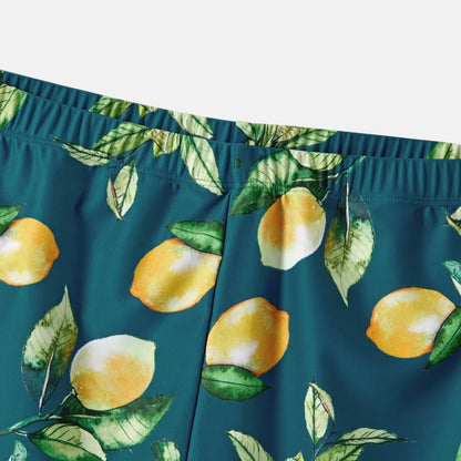 Kids' lemon print swim shorts and top set, durable polyester spandex.