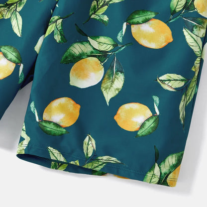 Family matching lemon print swim apparel, ideal for summer vacation and gifting.