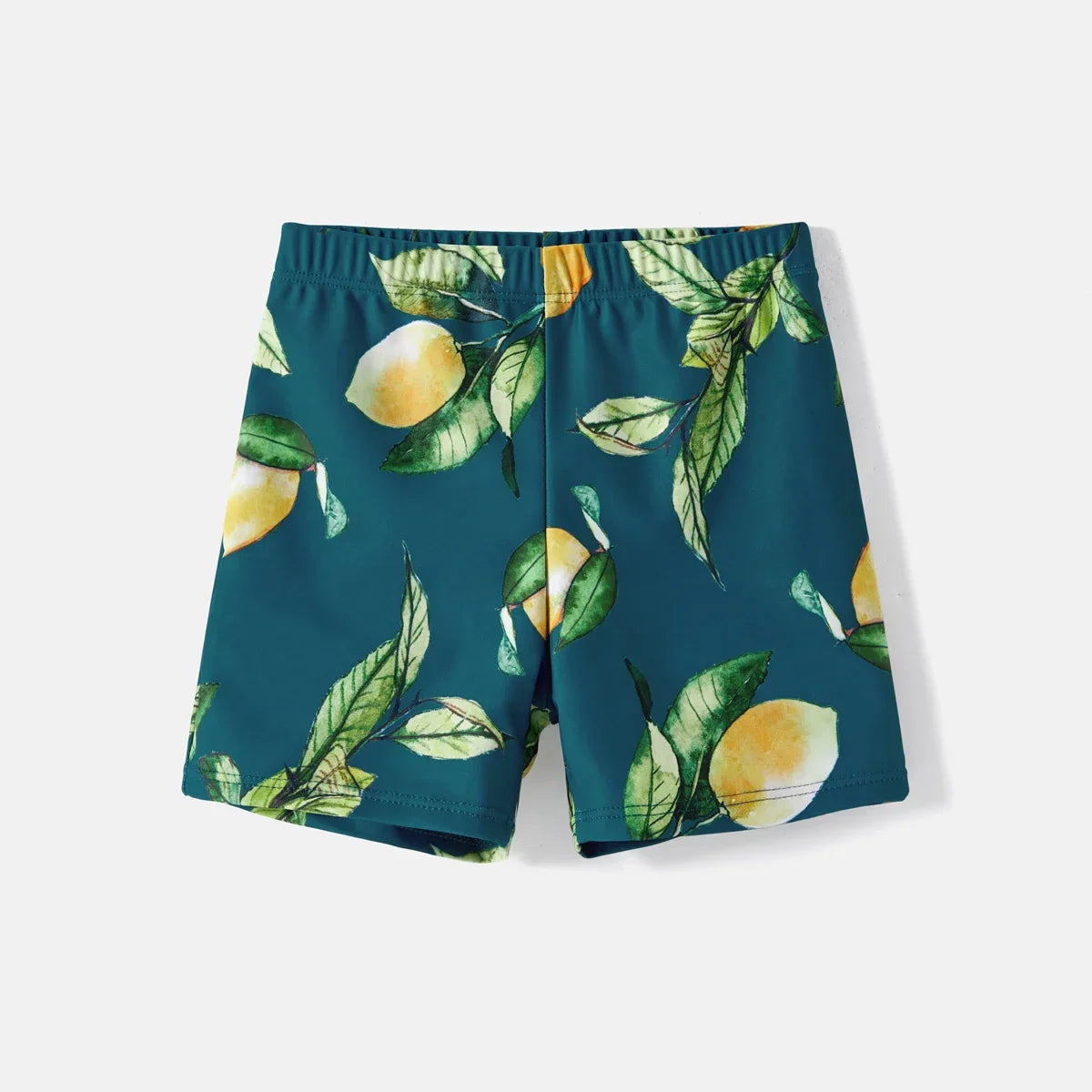 Boys' lemon print swim shorts, durable polyester spandex beach wear.