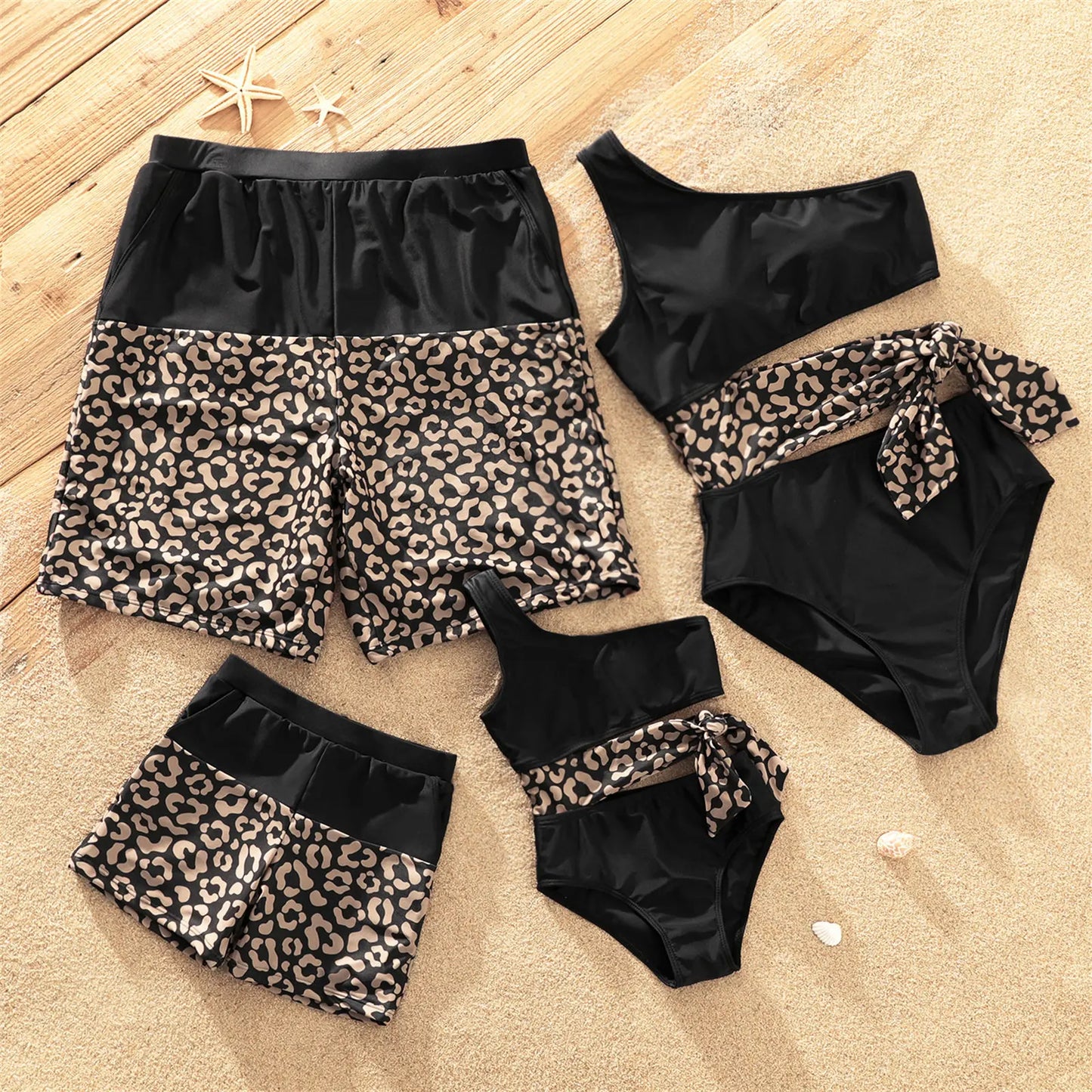 Family matching leopard print one-shoulder swimsuit & swim trunks set for beach or pool party