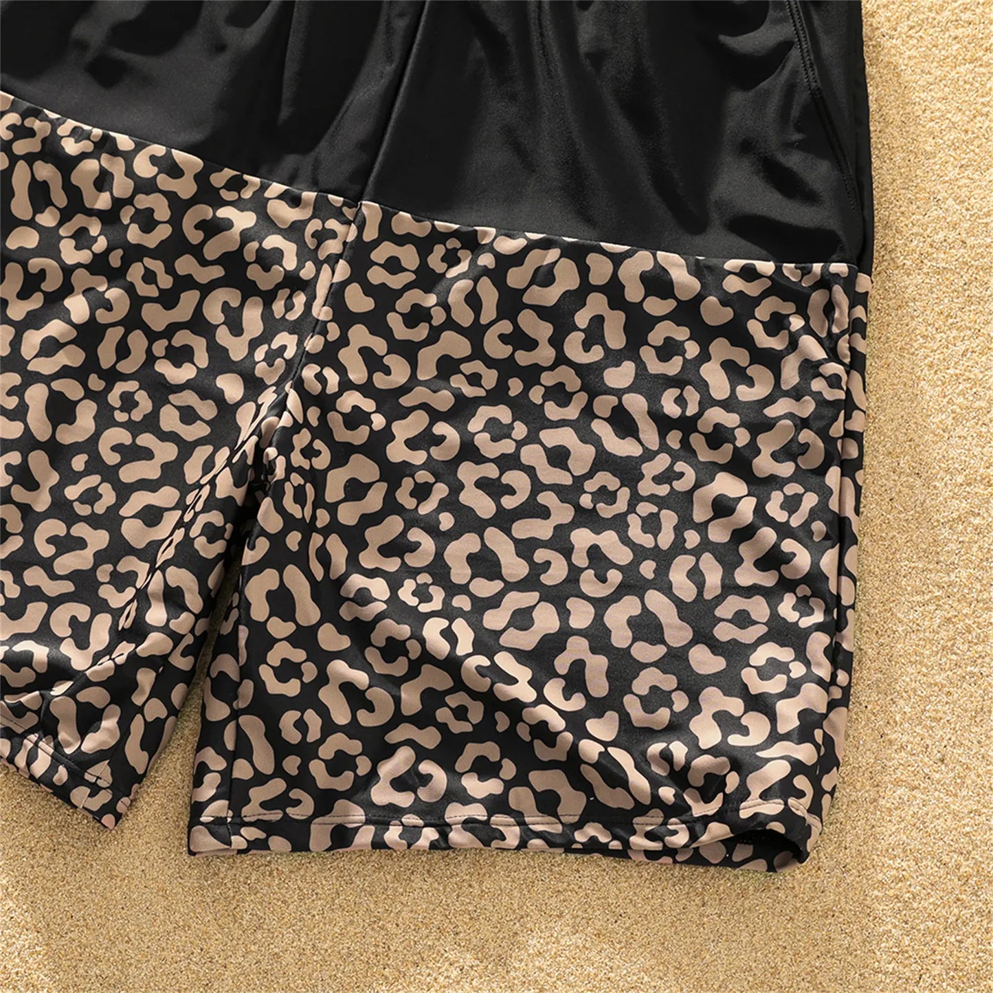 Summer fashion family matching leopard print swimwear set, one-shoulder suit & swim trunks