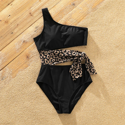 Leopard splice one-shoulder swimsuit for women & matching swim trunks for men, vacation wear