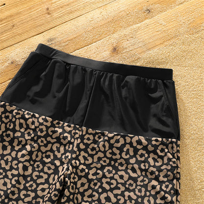 Family beach outfits: Leopard print one-shoulder swimsuit and swim trunks in polyester spandex