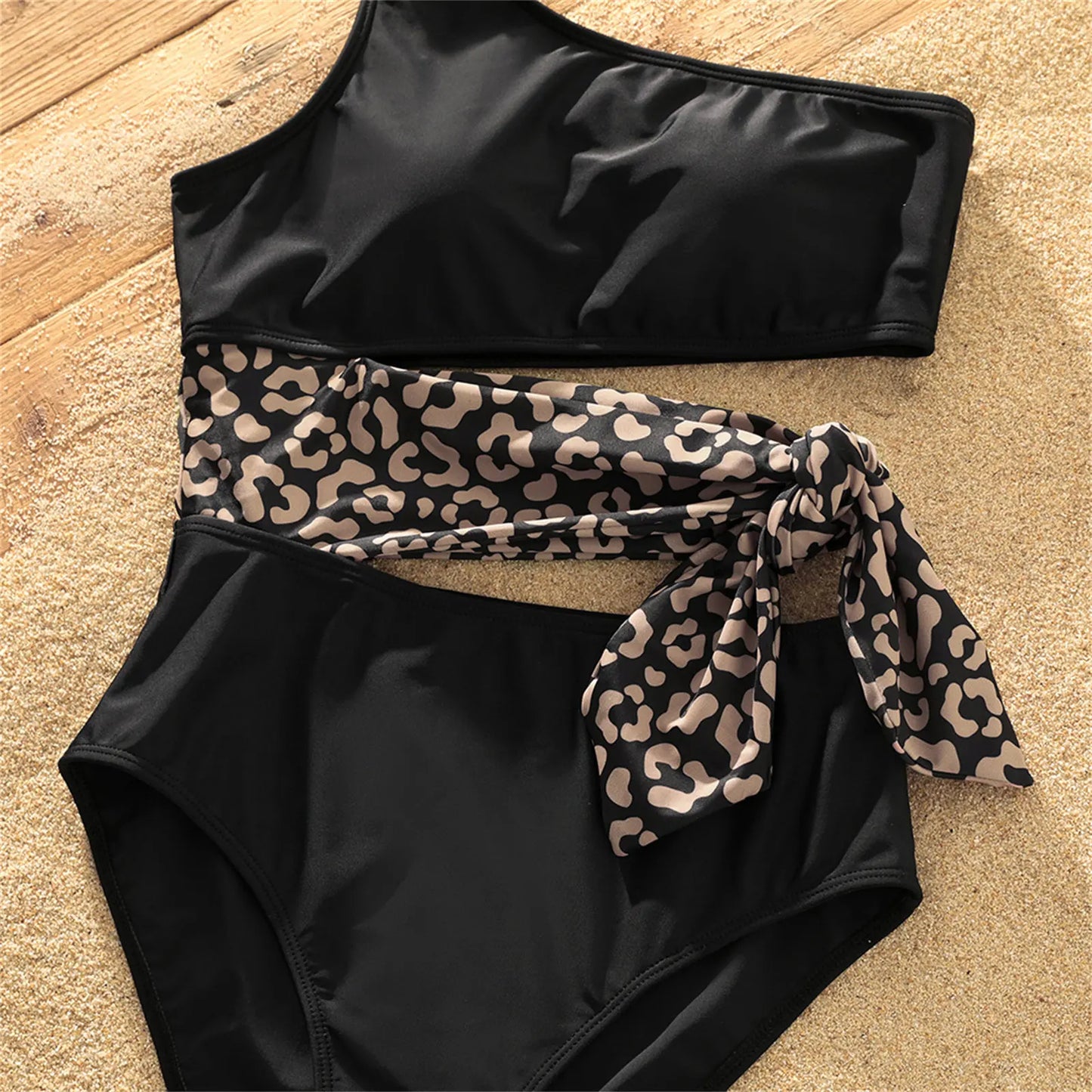 Leopard print family swimsuit set for pool parties, featuring a one-shoulder women's top