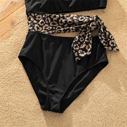 Vacation wear: Leopard splice one-shoulder swimsuit and swim trunks for family matching