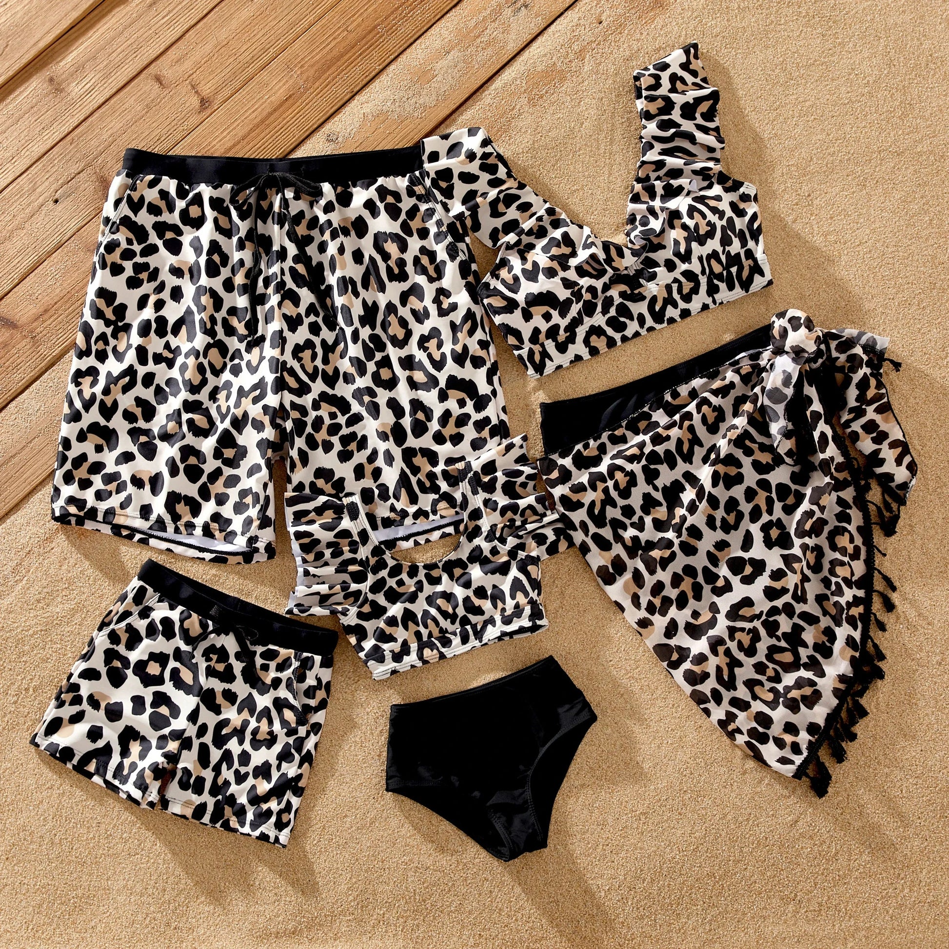Family matching leopard print swimwear set, perfect for beach vacations and summer outfits
