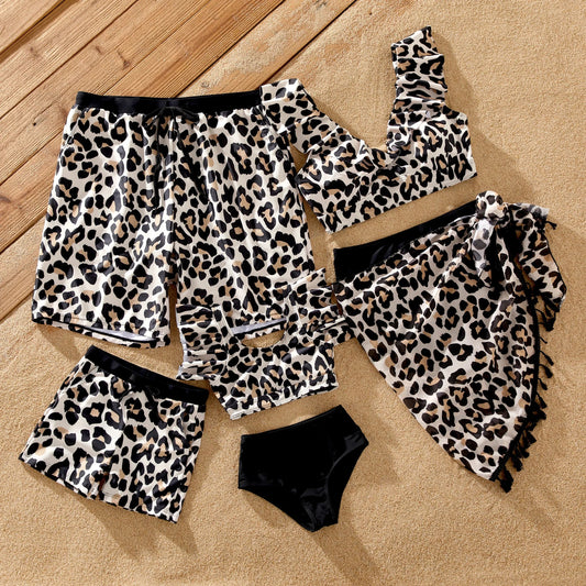 Family matching leopard print swimwear set, perfect for beach vacations and summer outfits