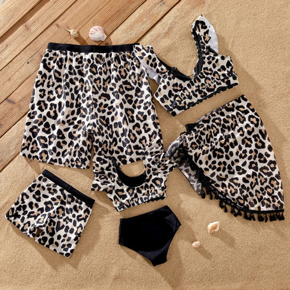 Leopard print family swimsuits for poolside fashion, including women's bikini and kids' styles