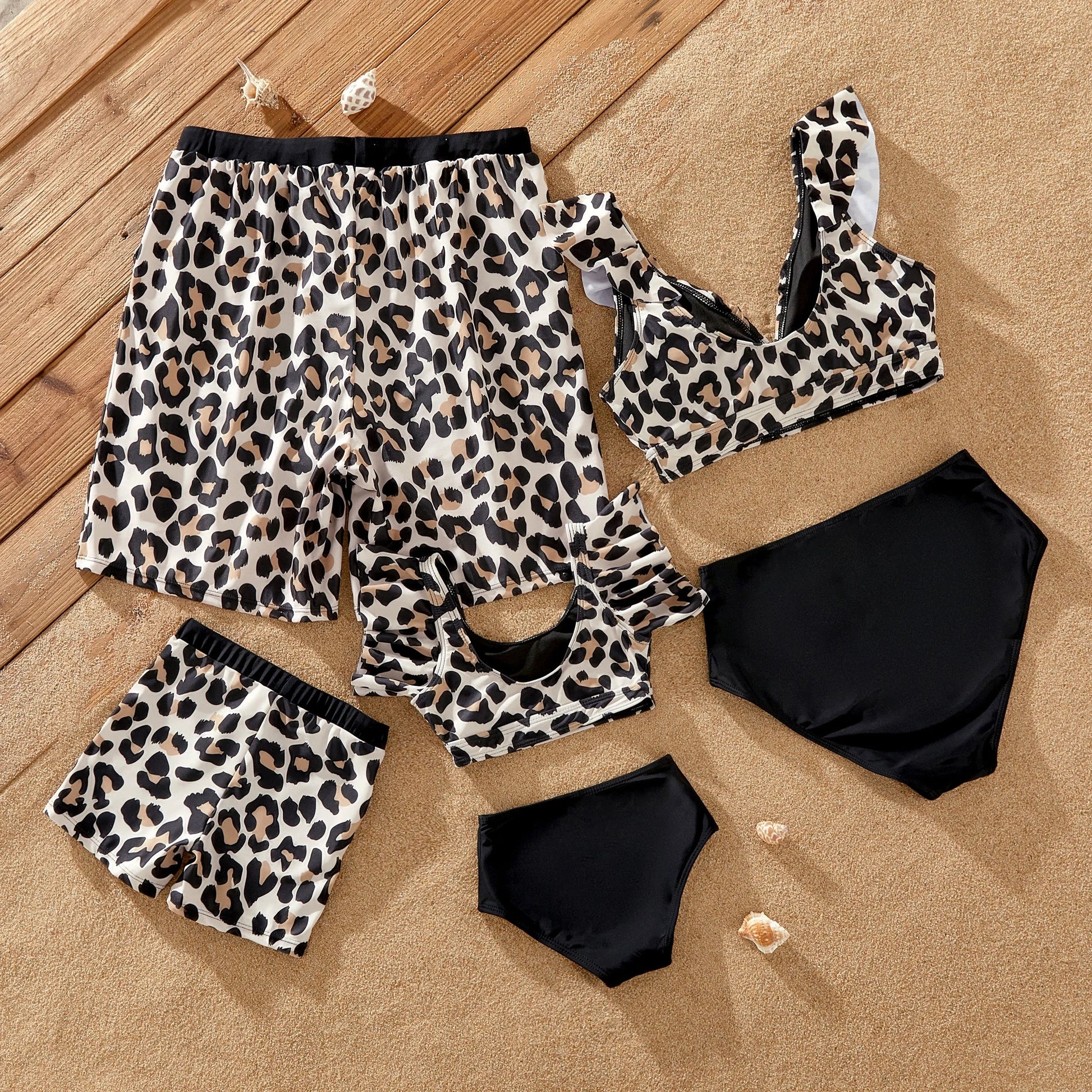 Summer family matching swimwear with trendy leopard print design, vacation essentials