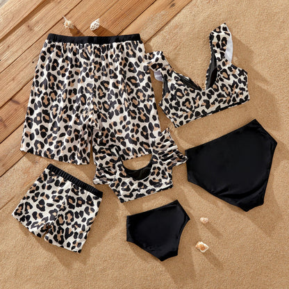 Summer family matching swimwear with trendy leopard print design, vacation essentials