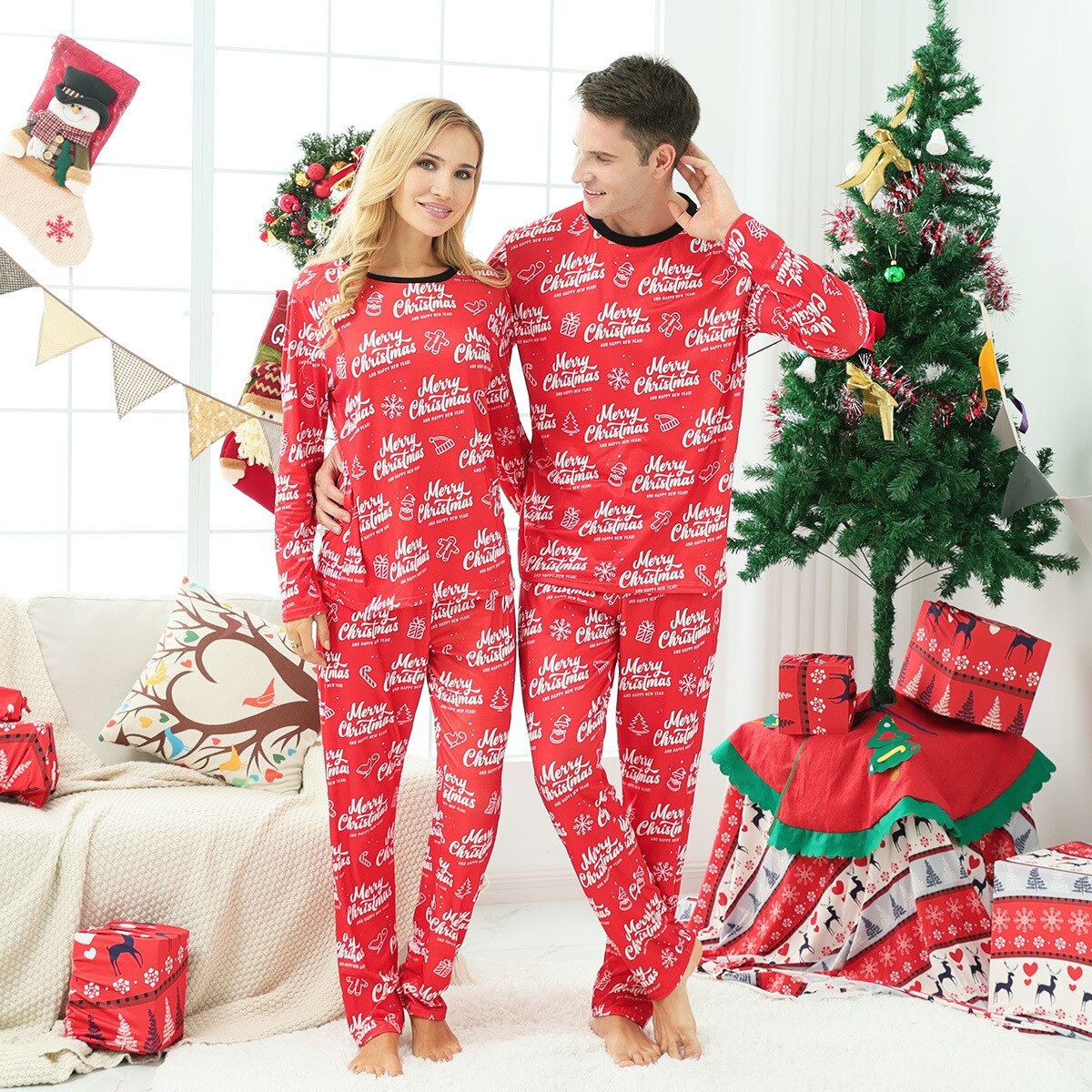 Close up of long sleeve Christmas pajama fabric with festive pattern, perfect for family nightwear