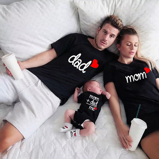 Family matching "Love" t-shirts in cotton blend for mom, dad, and kid.