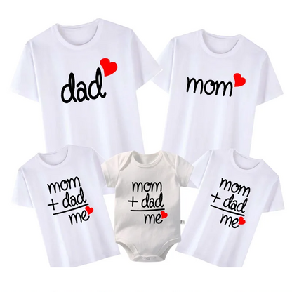 Unisex family matching outfits: parents & child wearing casual 'Love' tees for family photo.