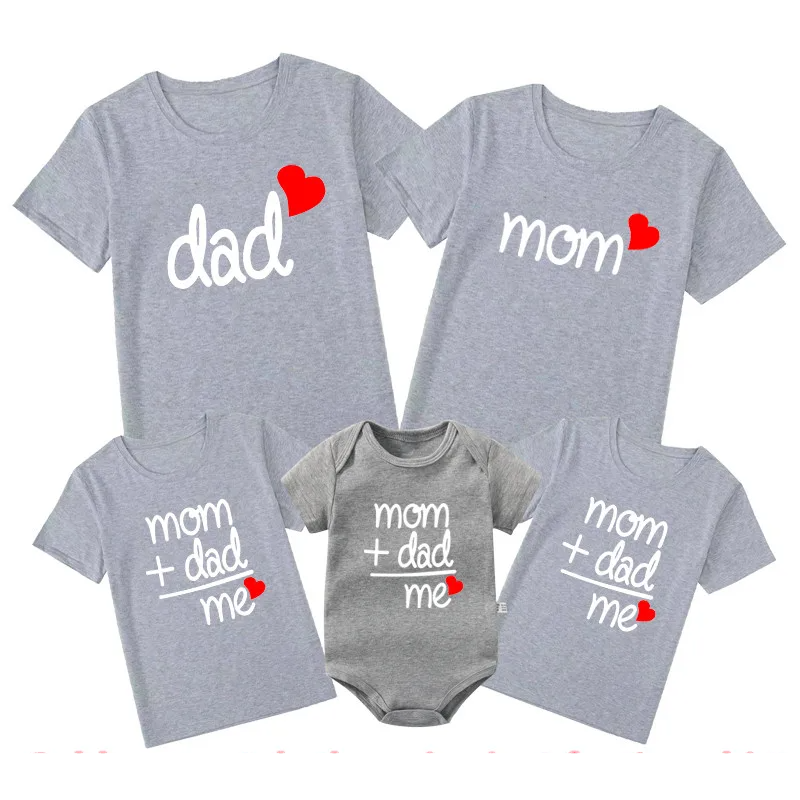 Short sleeve cotton blend rompers and t-shirts for family matching and casual wear.