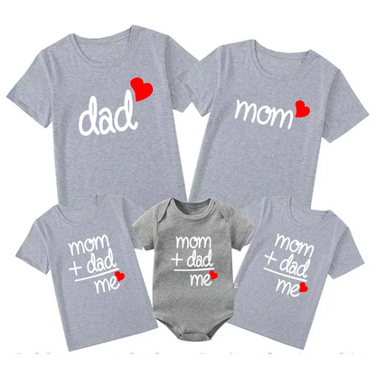 Short sleeve cotton blend rompers and t-shirts for family matching and casual wear.