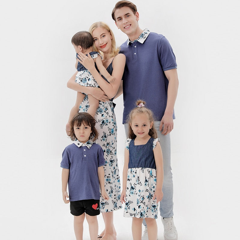 Casual family wear: comfortable blue chiffon blend matching outfits for parents and child, versatile and stylish.