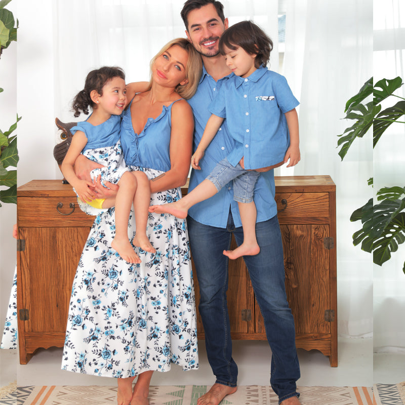 Blue chiffon blend family outfits: matching shirts and dresses for men, women, and kids, stylish and comfortable.