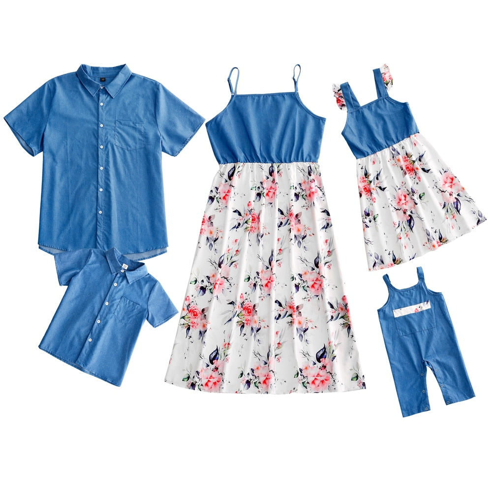 Family fashion: stylish mom, dad, and child in matching blue chiffon blend casual wear, ideal for vacation.