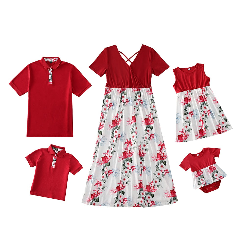 Family vacation clothes: smiling family in coordinated blue chiffon blend outfits, perfect for beach trips or photos.