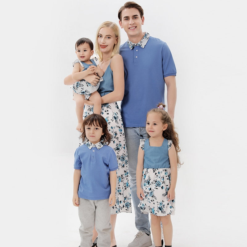 Matching family dresses: mother and daughter in blue chiffon blend casual dresses, ideal for family photos.