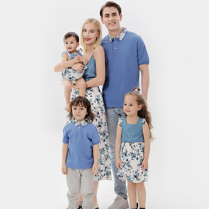 Matching family dresses: mother and daughter in blue chiffon blend casual dresses, ideal for family photos.